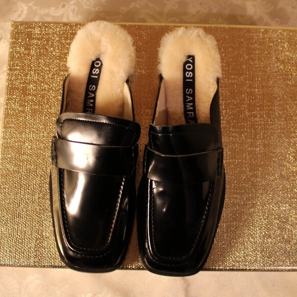 Yosi Samra Odessa Black leather and Shearling Loafer Mule - Picture 2 of 9